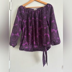 Like new vintage, Ann Klein scoop neck purple and black floral tie bottom.